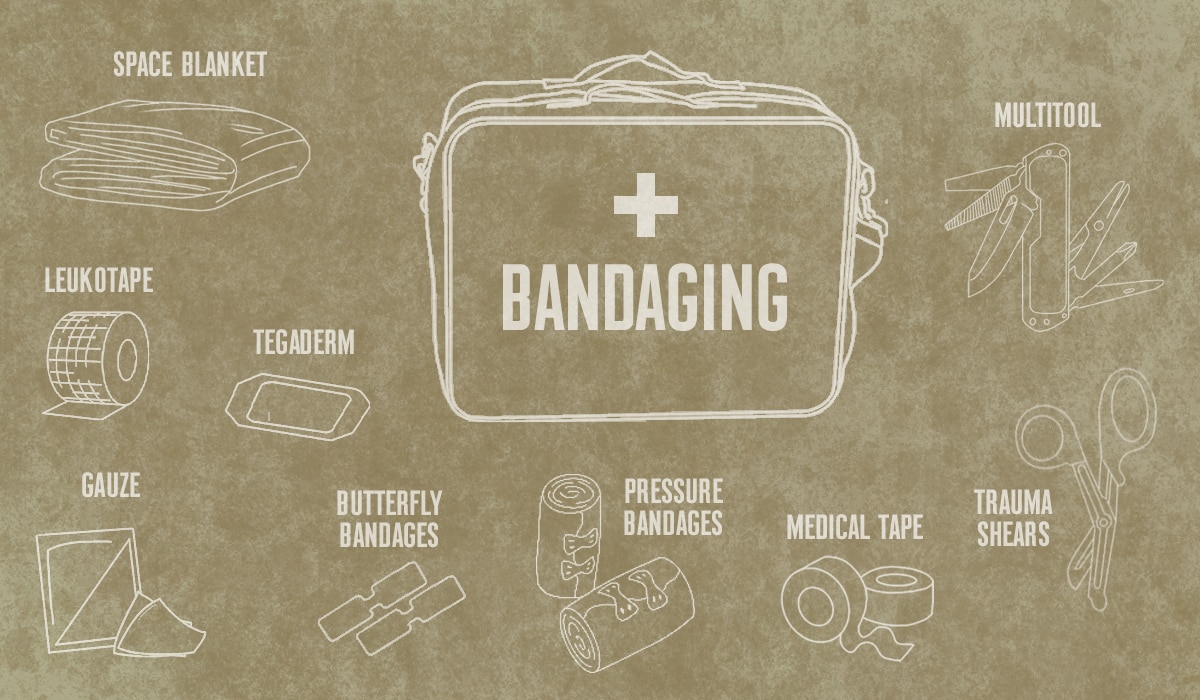 Bandaging materials in a first-aid kit for hunters, from onX Hunt.