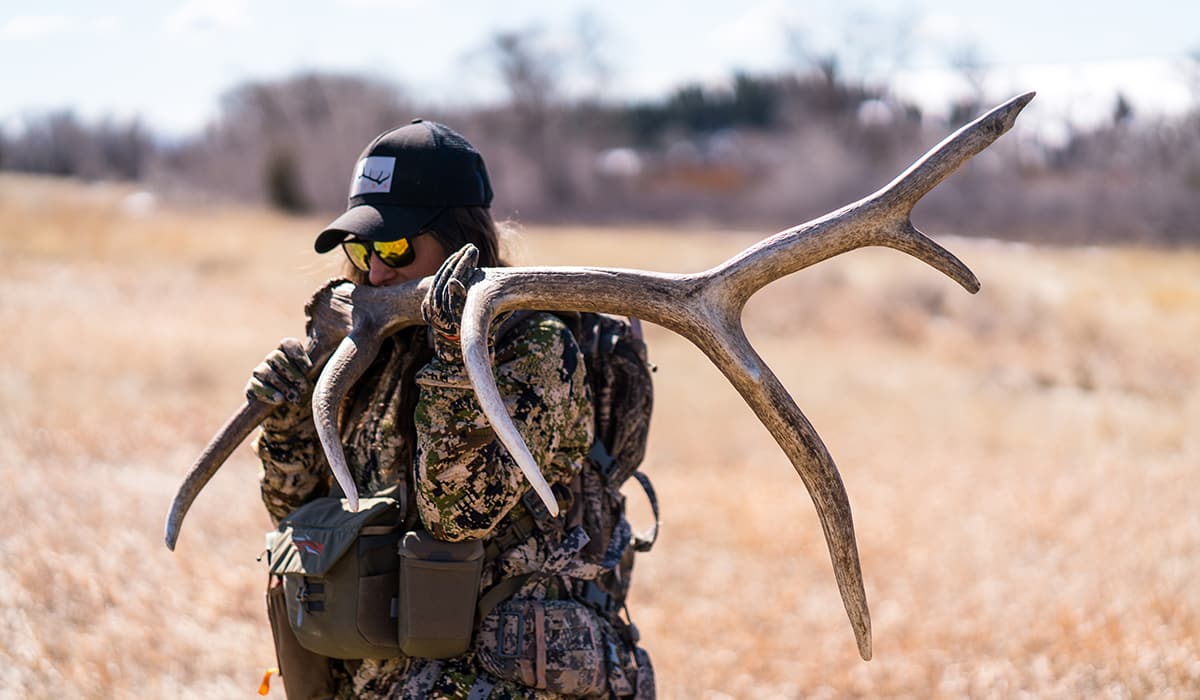 Shed hunter with elk antler found while hunting for sheds in the West.