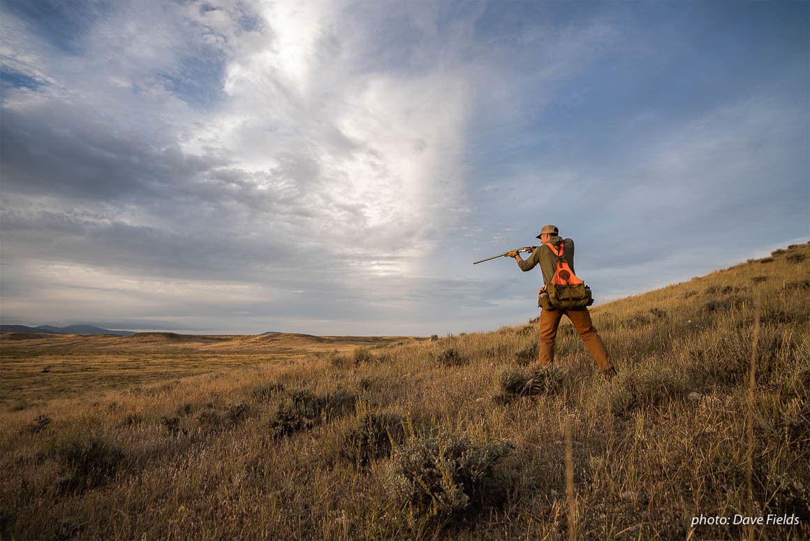 Nick Larson takes aim with his shotgun while upland bird hunting in eastern Montana.