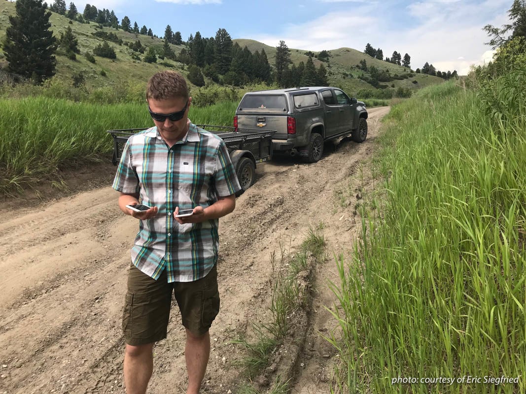 onX Founder Eric Siegfried tests cell phone battery usage in the field.