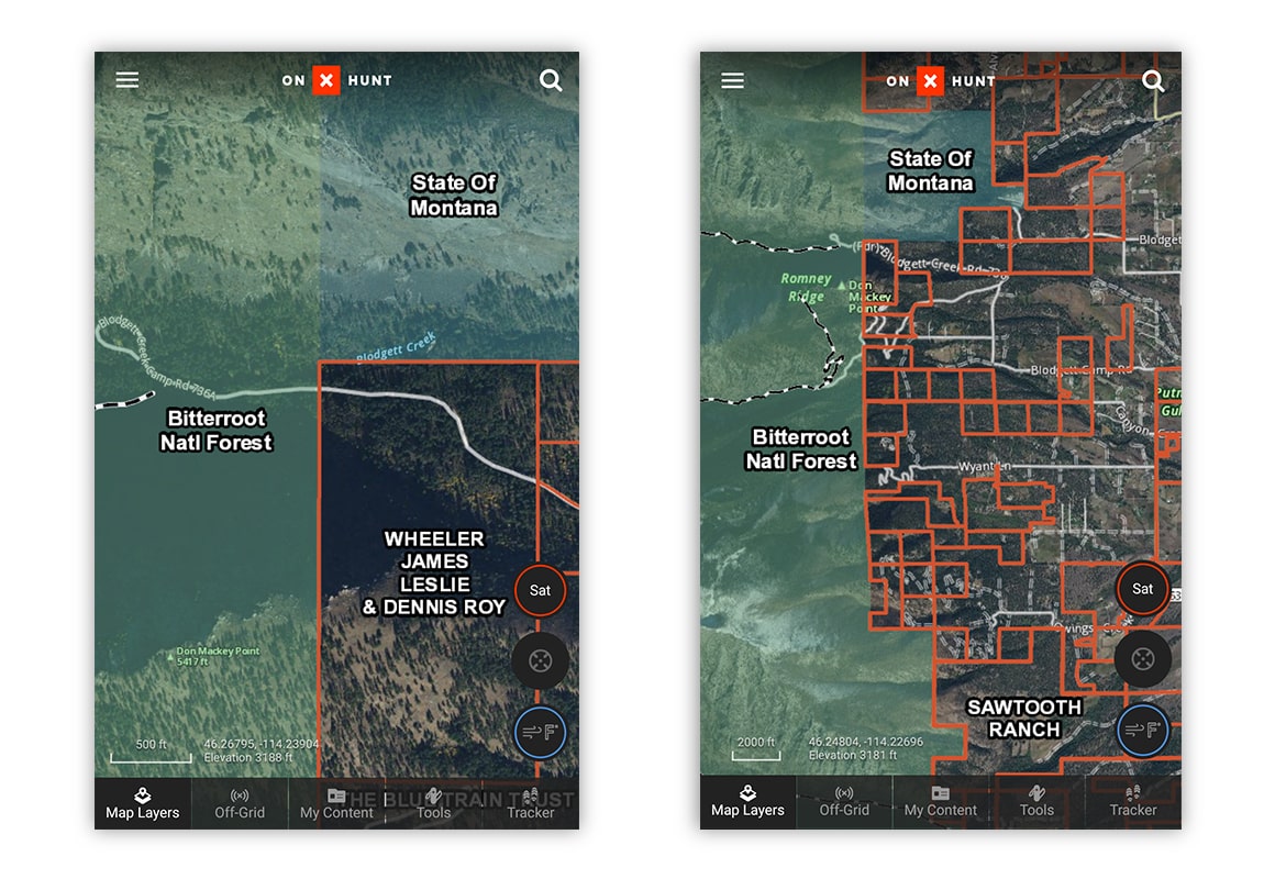 Screenshots of the onX Hunt App showing parts of Montana with public / private land boundaries.