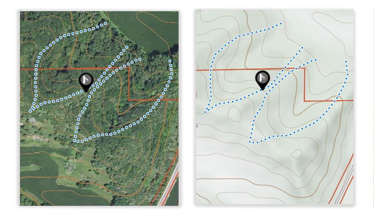 onX Hunt App aerial and topo imagery show where a natural funnel for whitetail deer may help hunting