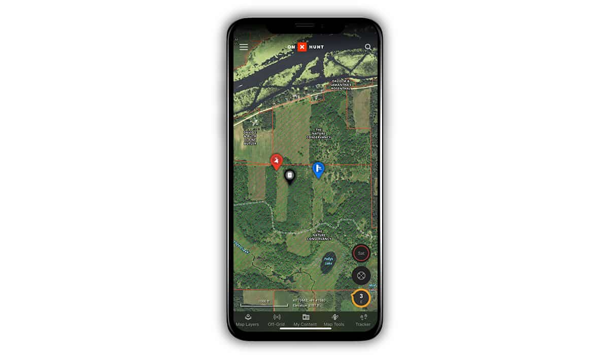 Waypoints placed on an onX Hunt map can show the best places to hunt whitetail deer.