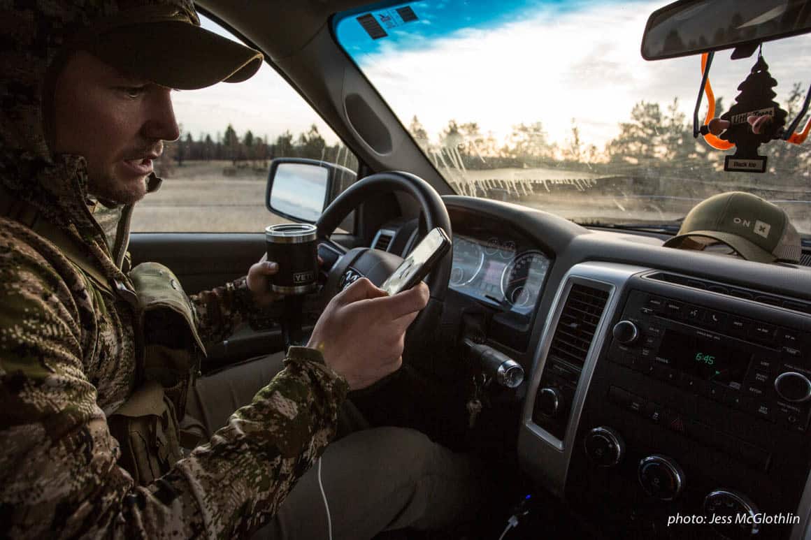 A hunter uses his phone and the onX Hunt App to navigate while hunting spring turkey.