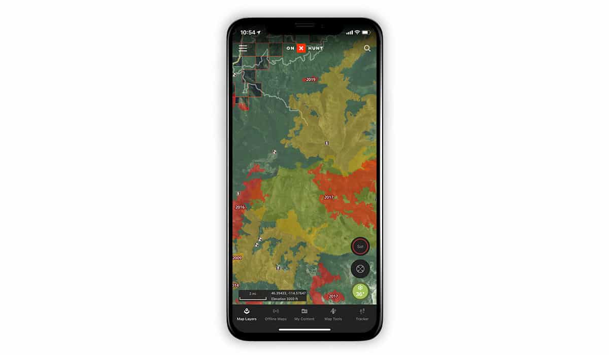 onX Hunt screenshot showing the Historic Wildfire Layer