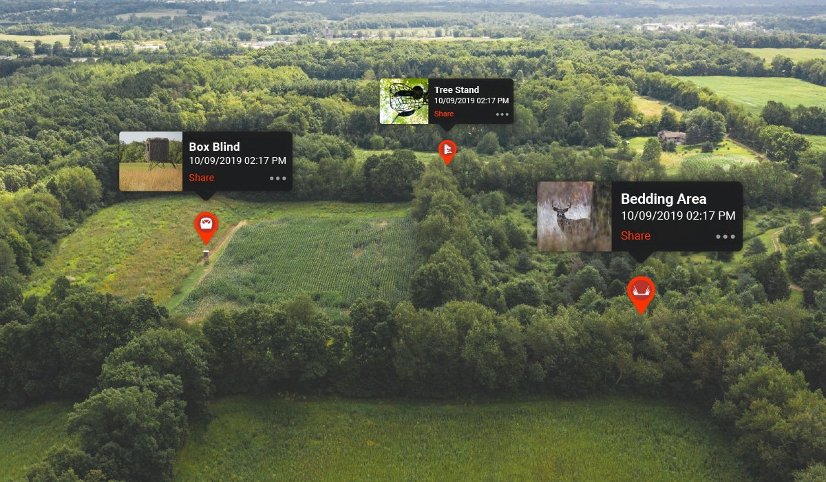 onX Hunt Photo Waypoints shown on a landscape to demonstrate how to use them on a whitetail property.