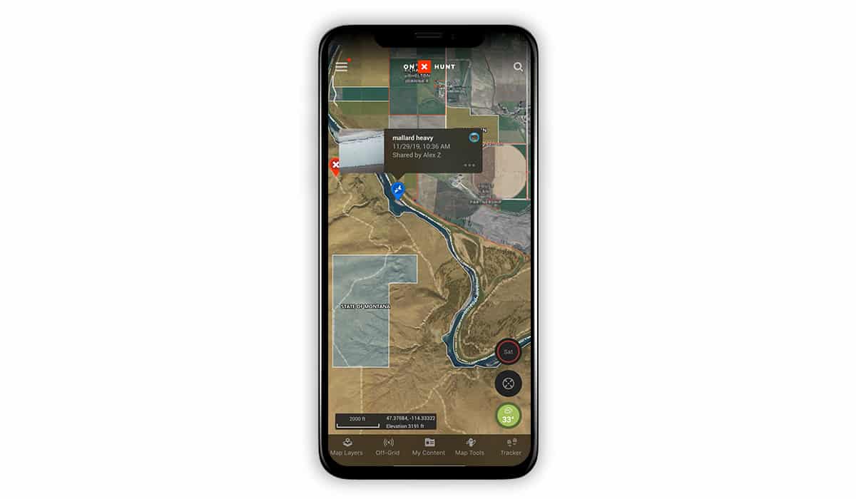 Screenshot of the onX Hunt App with Waypoints while waterfowl hunting.