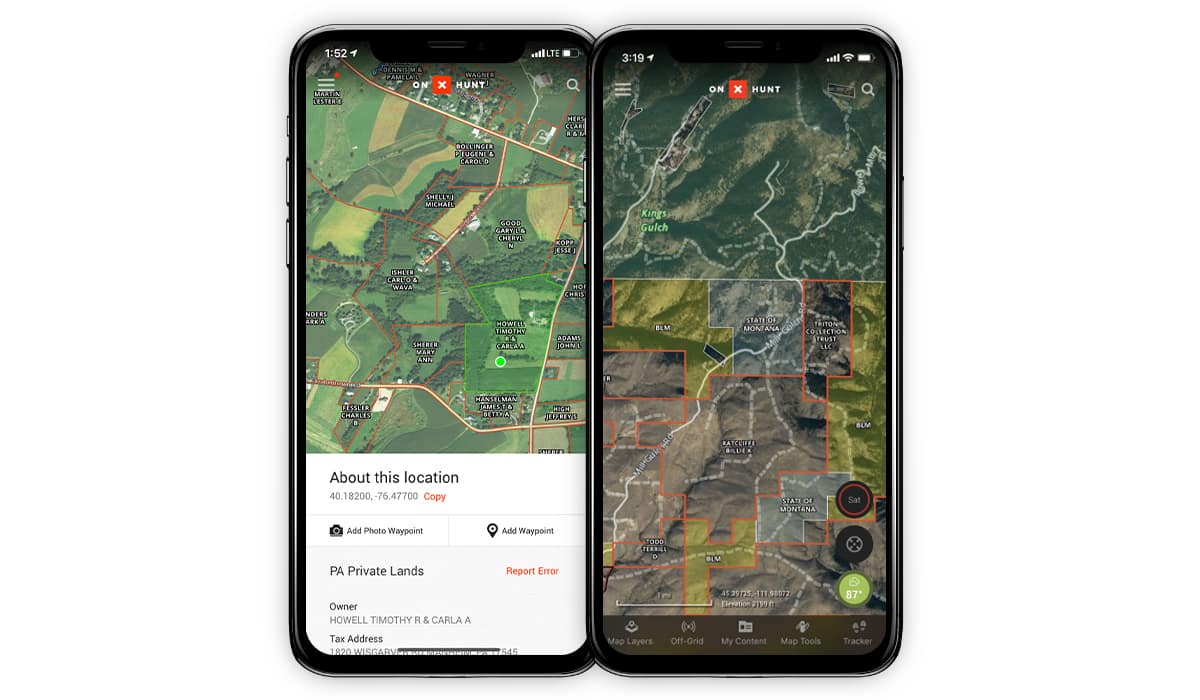 onX Hunt App showing side-by-side devices with public and private land boundaries.