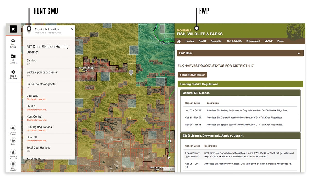 onX Hunt Web Map page with hunting GMU used with Montana FWP web page for application season.