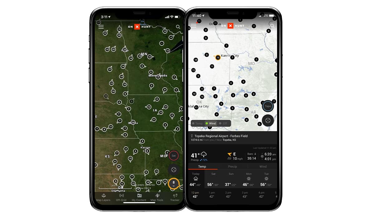 onX Hunt App with additional weather stations from Weather Underground.
