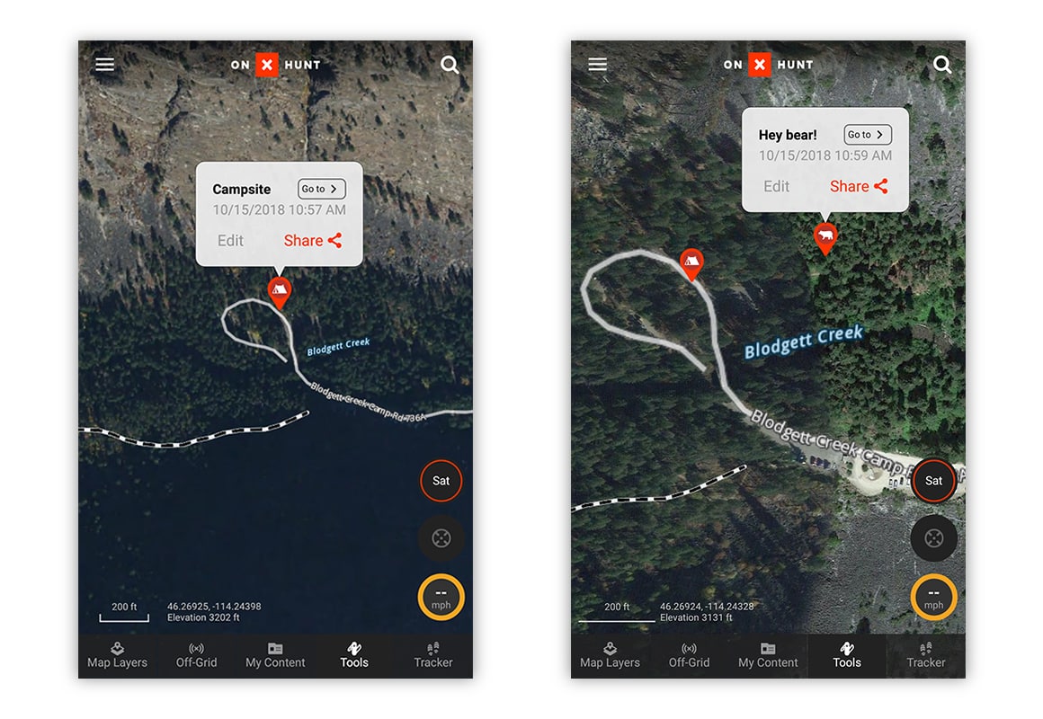 Screenshot examples of saved and shared Waypoints on the onX Hunt App.