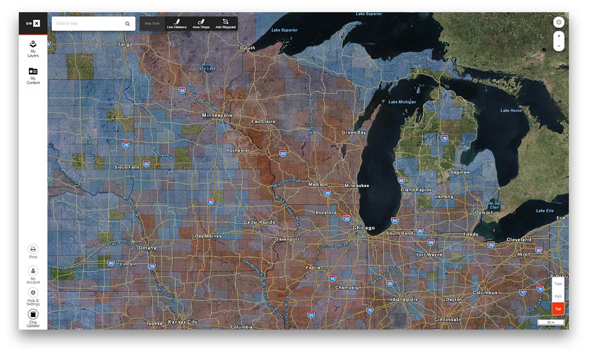 Screenshot of the onX Hunt and Boone & Crockett Layer in the Midwest.