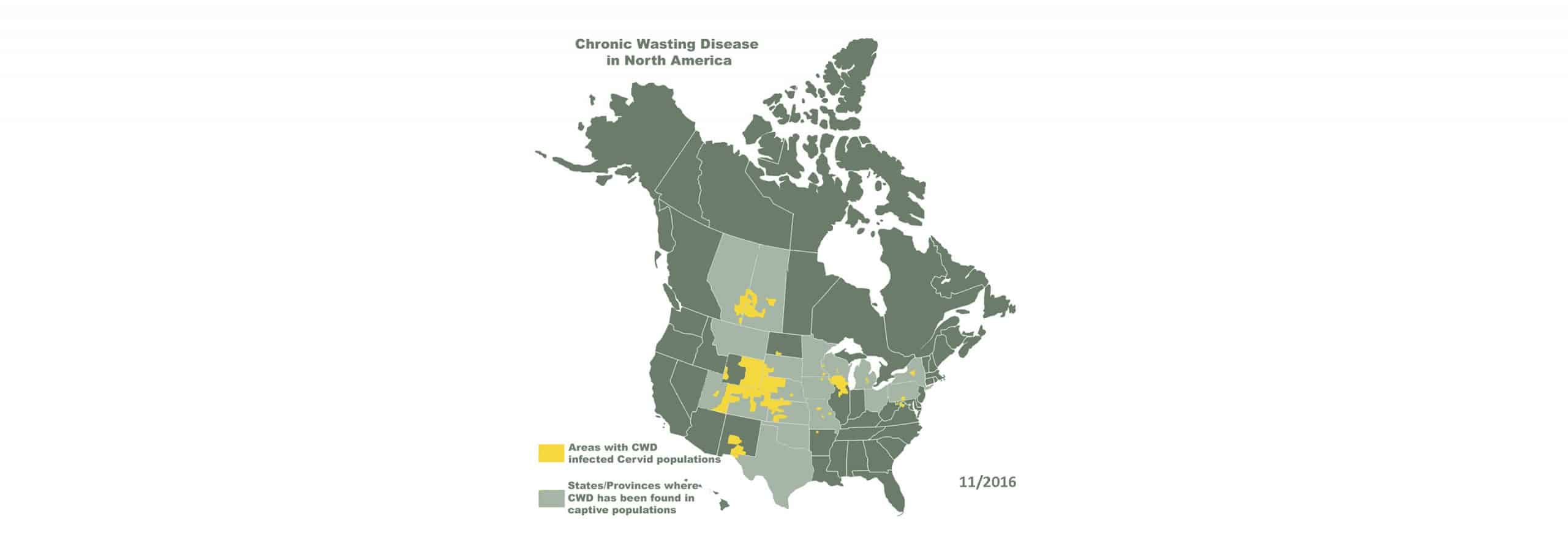 Map depicting where CWD is present in North America