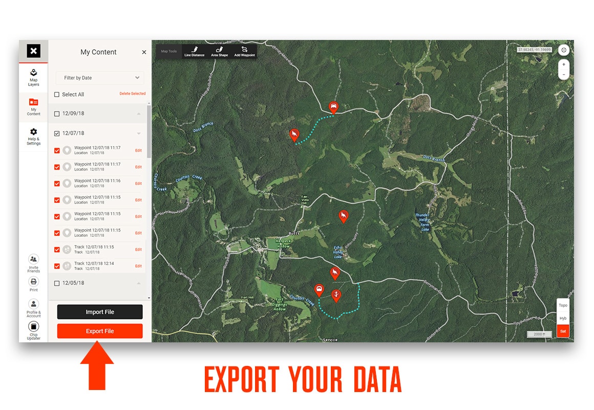 onX Web Map web application with export button called out