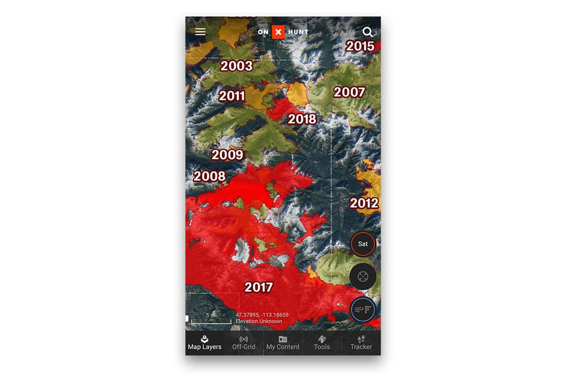 Screenshot of the onX Hunt App Historic Wildfire Layer.