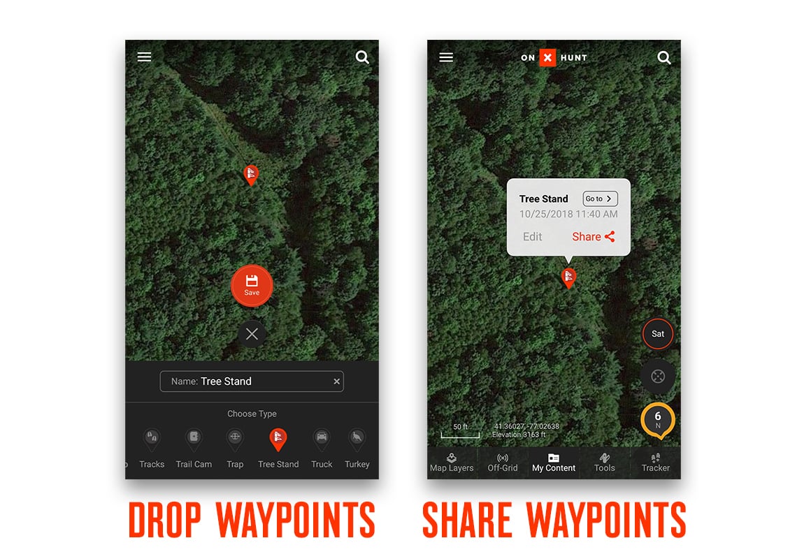 Drop and share Waypoints on a screenshot of onX Hunt App .