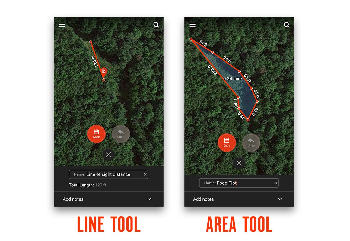 Line and Area Measurement Tools in the onX Hunt App.