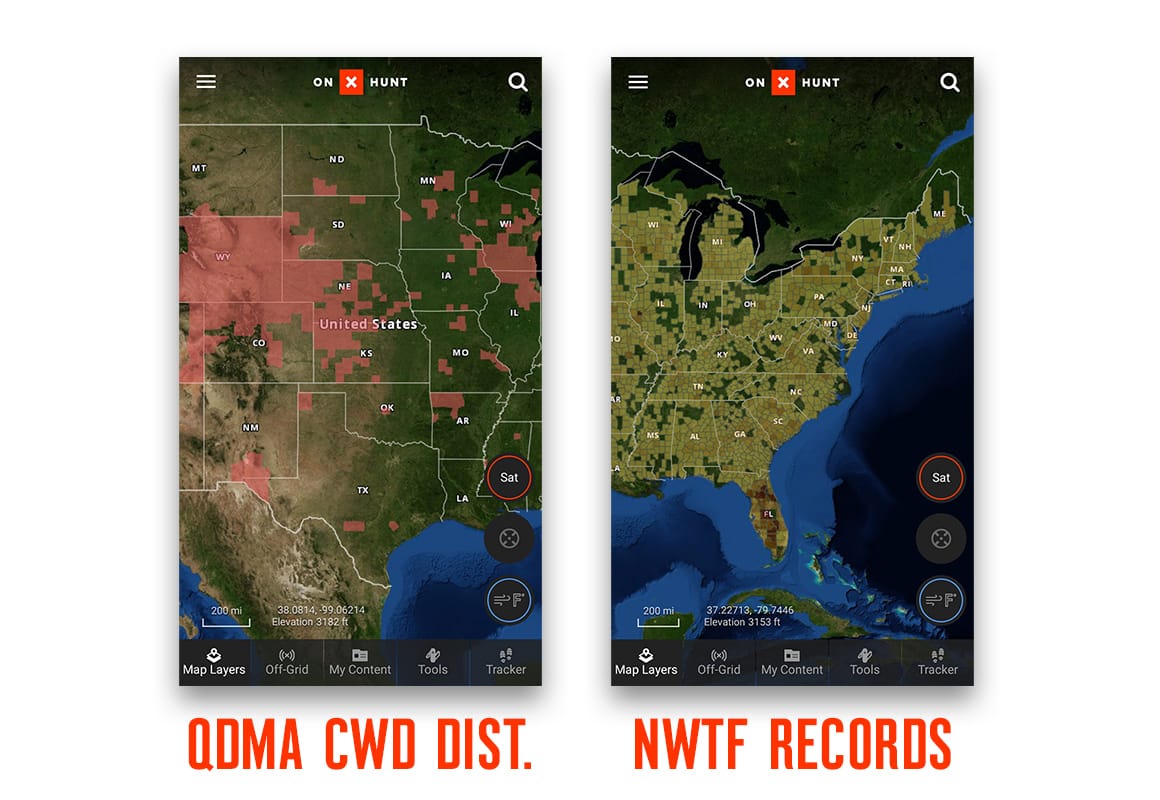 Screenshot of onX Hunt App QDMA CWD Layer and NWTF Turkey Records Layer.