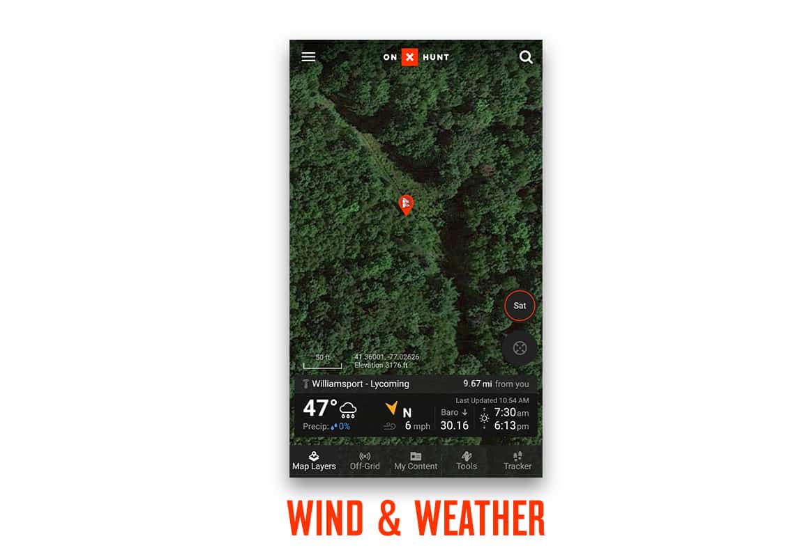 Screenshot of onX Hunt App new Wind & Weather feature.