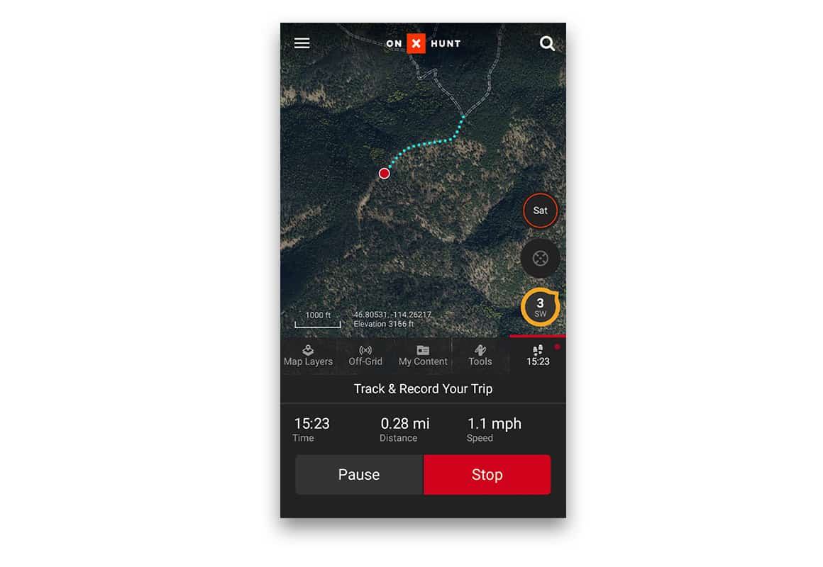 Screenshot of the onX Hunt App with the Tracker recording