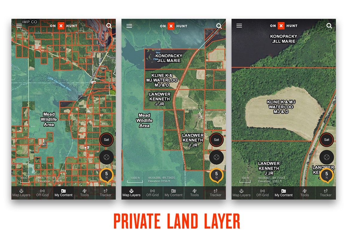 Comparing various zoom levels with onX Hunt's Private Land Layer using screenshots.