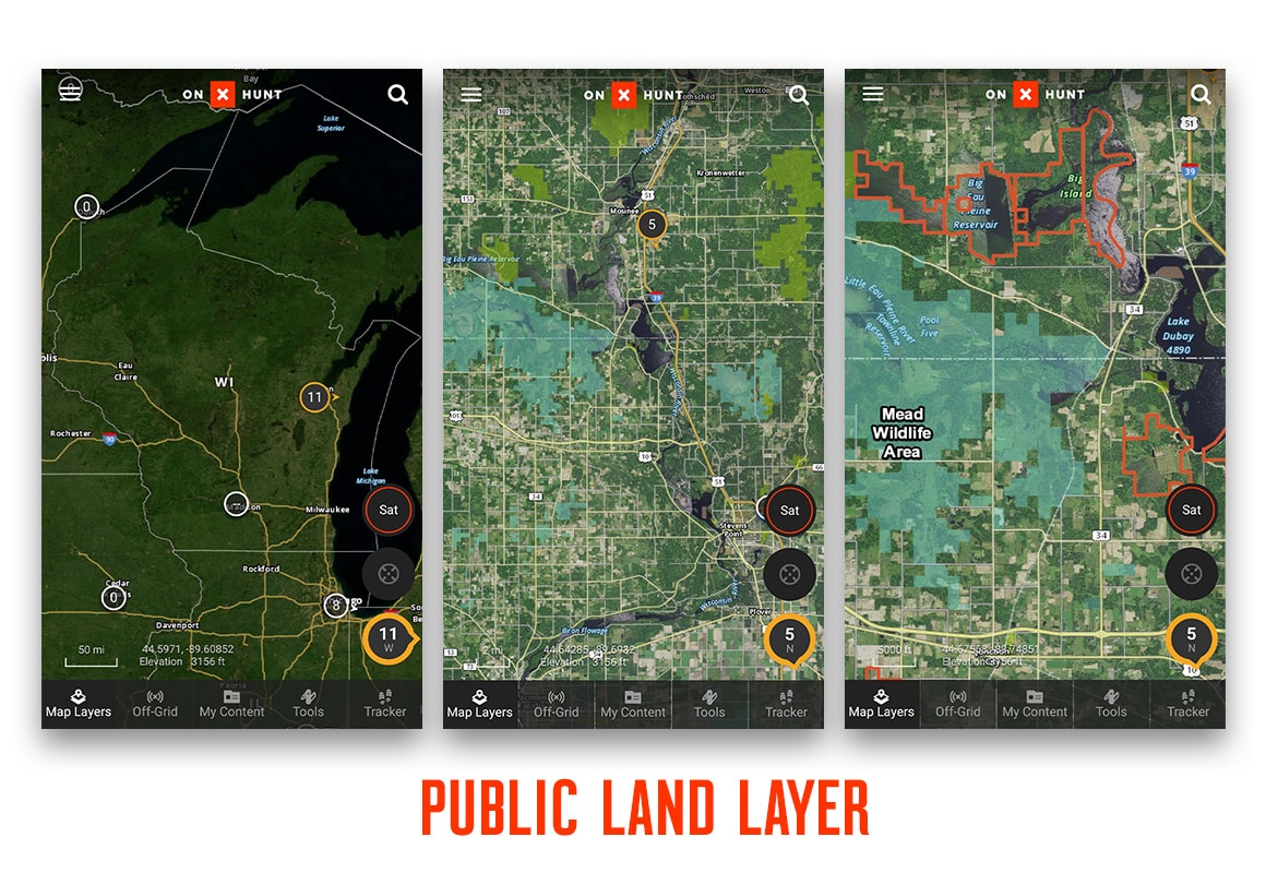 Comparing various zoom levels with onX Hunt's Public Land Layer using screenshots.