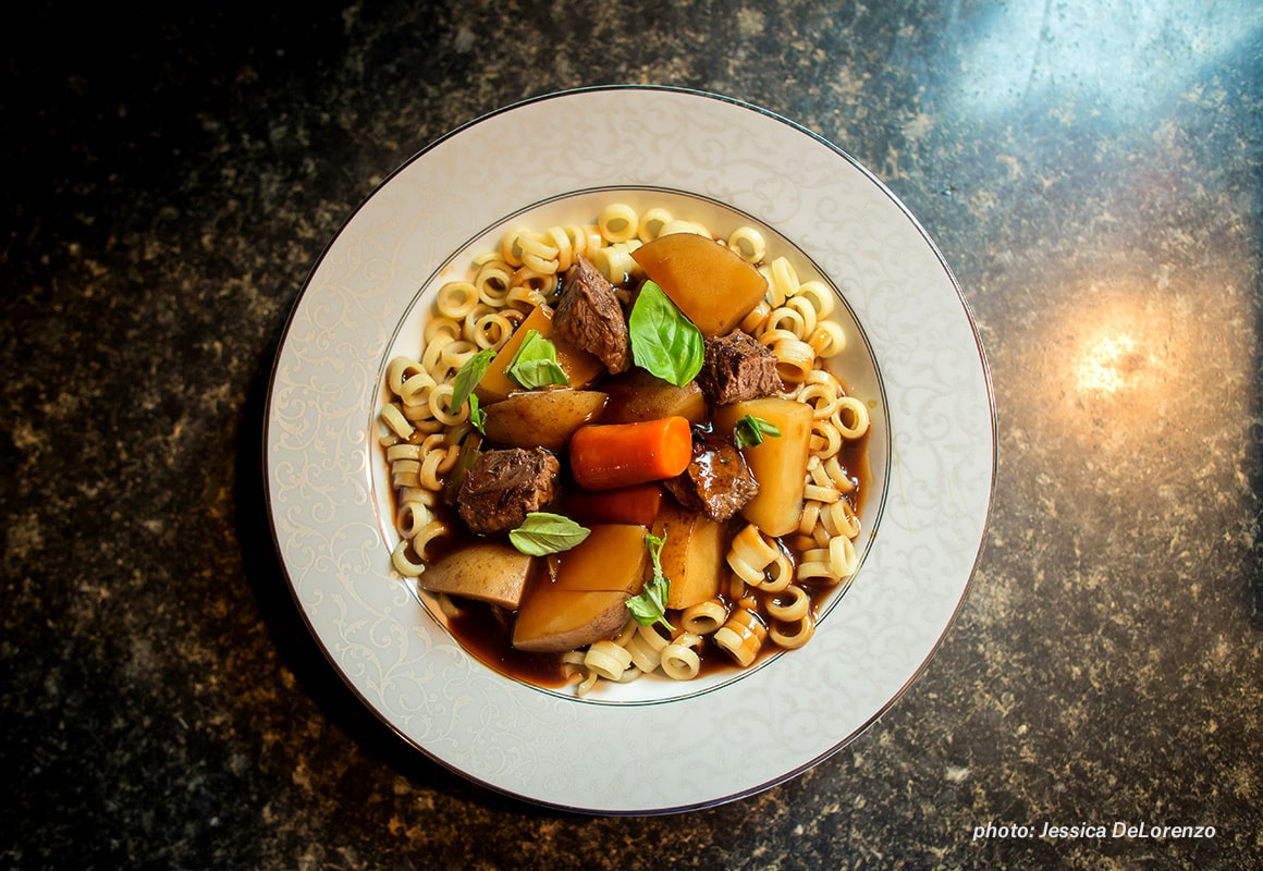 Image of wild game stew with pasta in a bowl on counter.