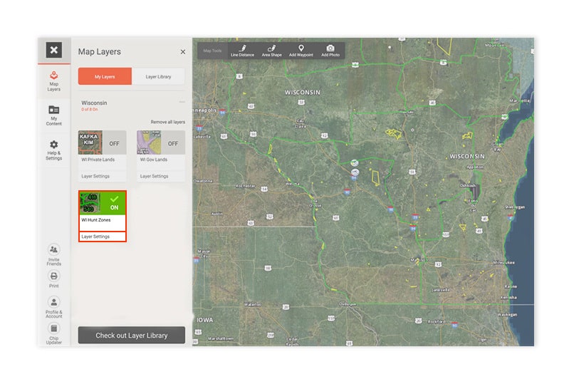 Wisconsin hunt zones layer in the onX Hunt web app