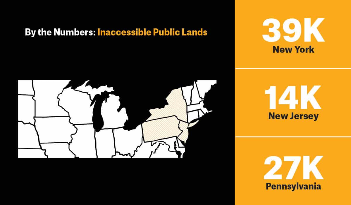 Graphic showing landlocked public land in New York, New Jersey, and Pennsylvania, on report by onX and TRCP.