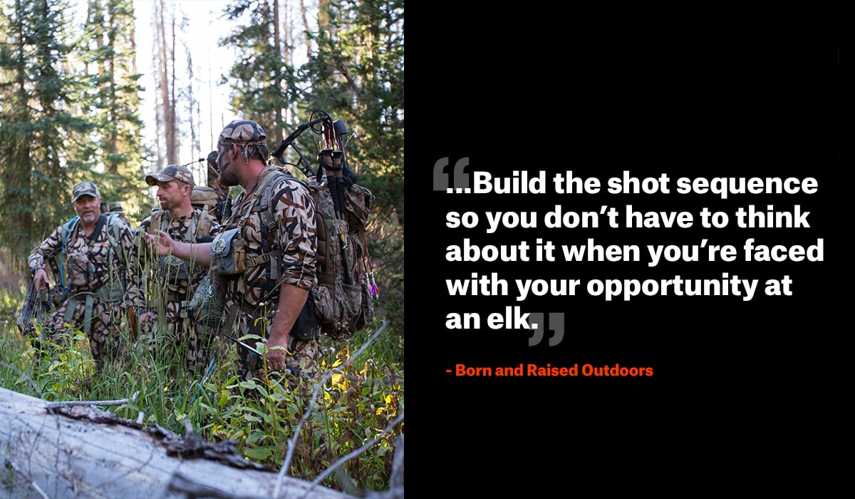 Men bow hunting in the woods with a quote from Born & Raised Outdoors.