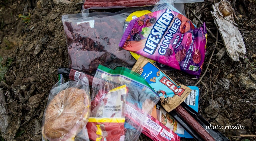 Hunting snacks laid out on the ground.
