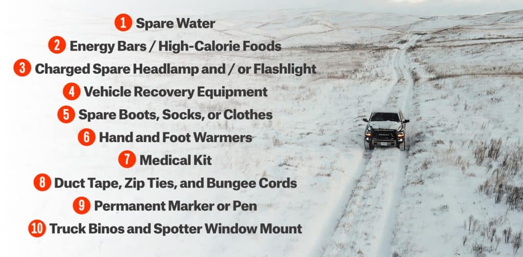 Infographic showing 10 items one should keep in their truck during hunting season.