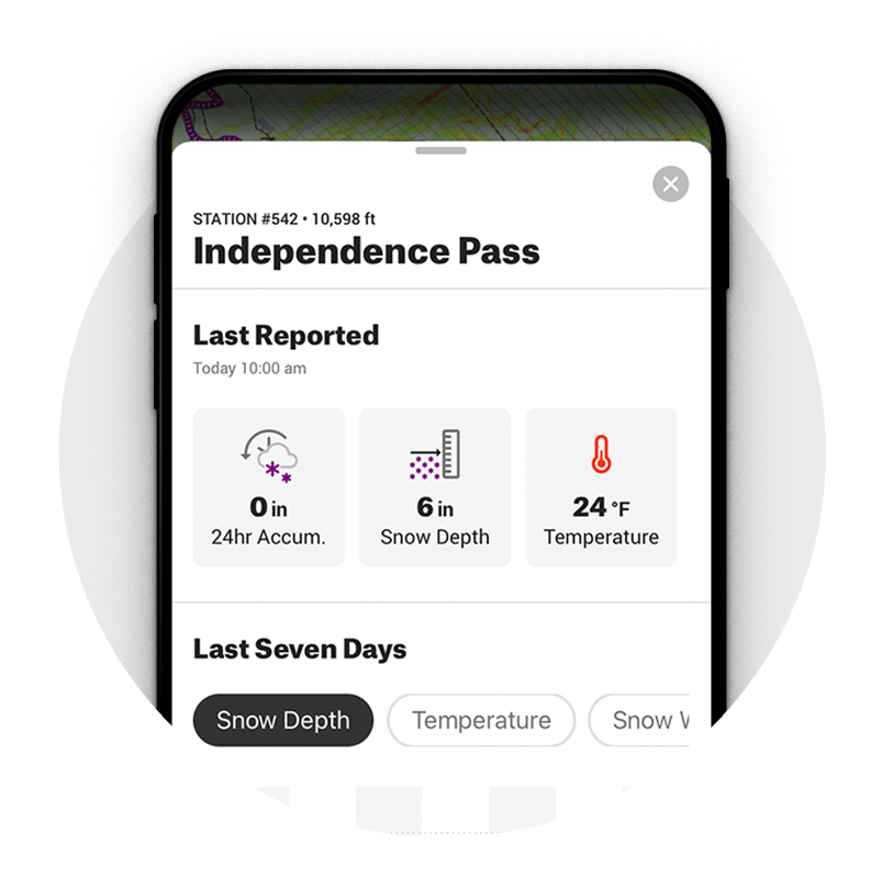 onX app showing SNOTEL snow data