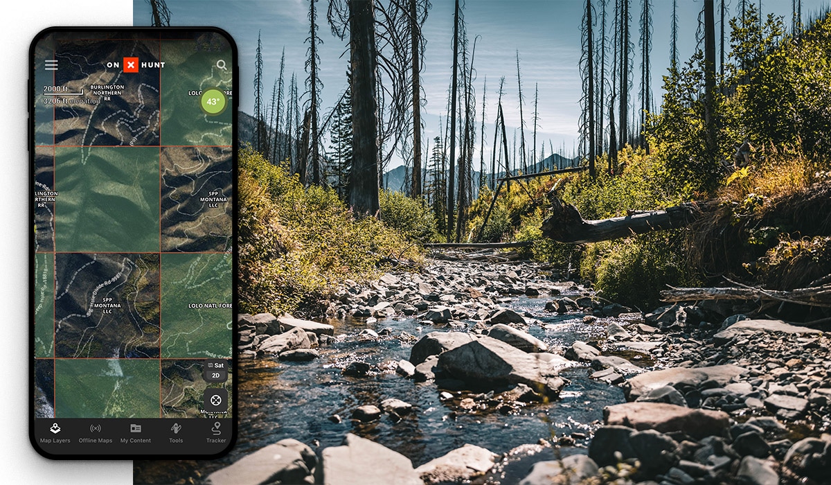 Image of a phone screen showing forest service land boundaries in a checkerboard pattern from the onX hunt app along side a photo of mountain stream in a burned out area. 