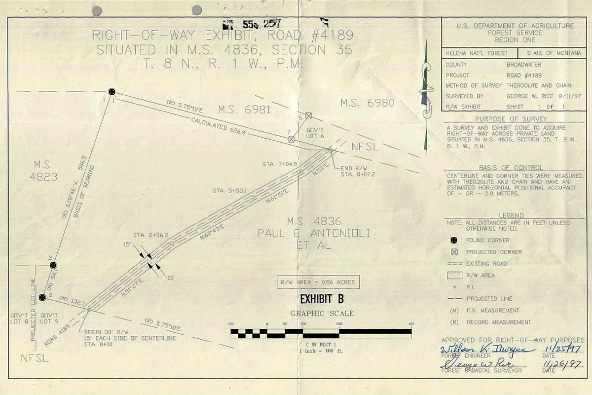 Illustration of a road right of way on a survey document from a Forest Service file.