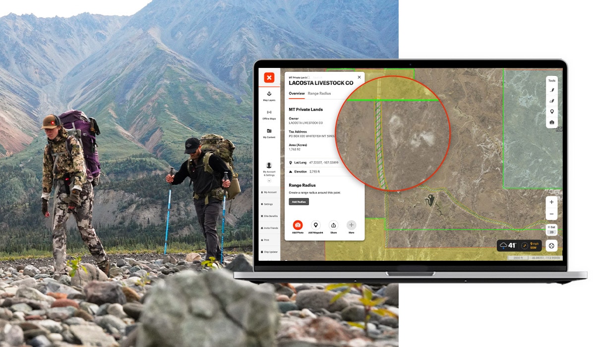 Image of a BLM access easement on a computer screen in the onX web app, along side a photo of two hunters walking across a rocky field.