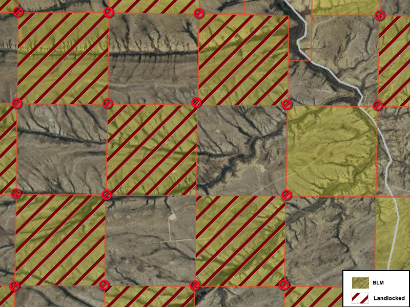 Corner-locked Bureau of Land Management parcels in checkerboard ownership pattern -onX