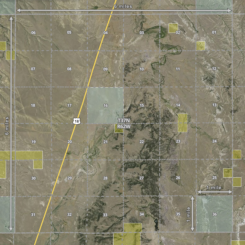 Map Graphic of a 1 mile square section within a 6 mile square township.