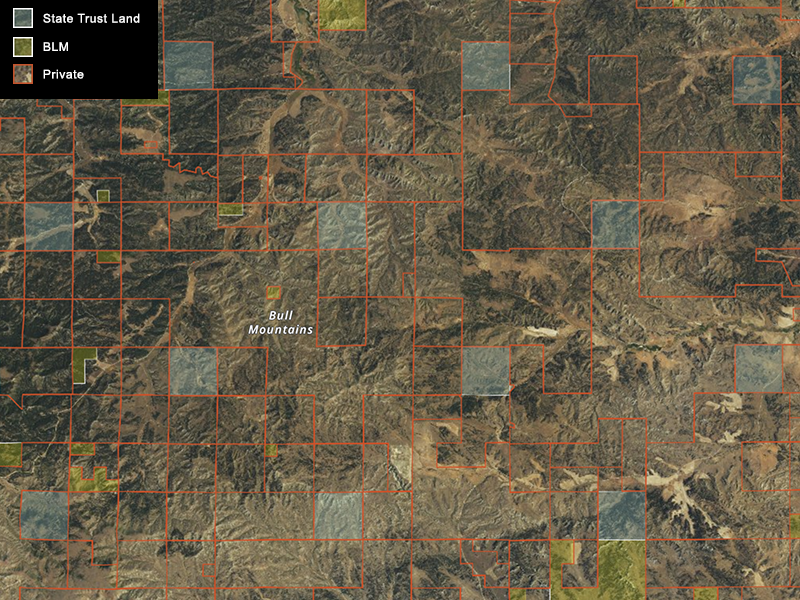 Map depicting several state trust land parcels mixed in with blm and private parcels.
