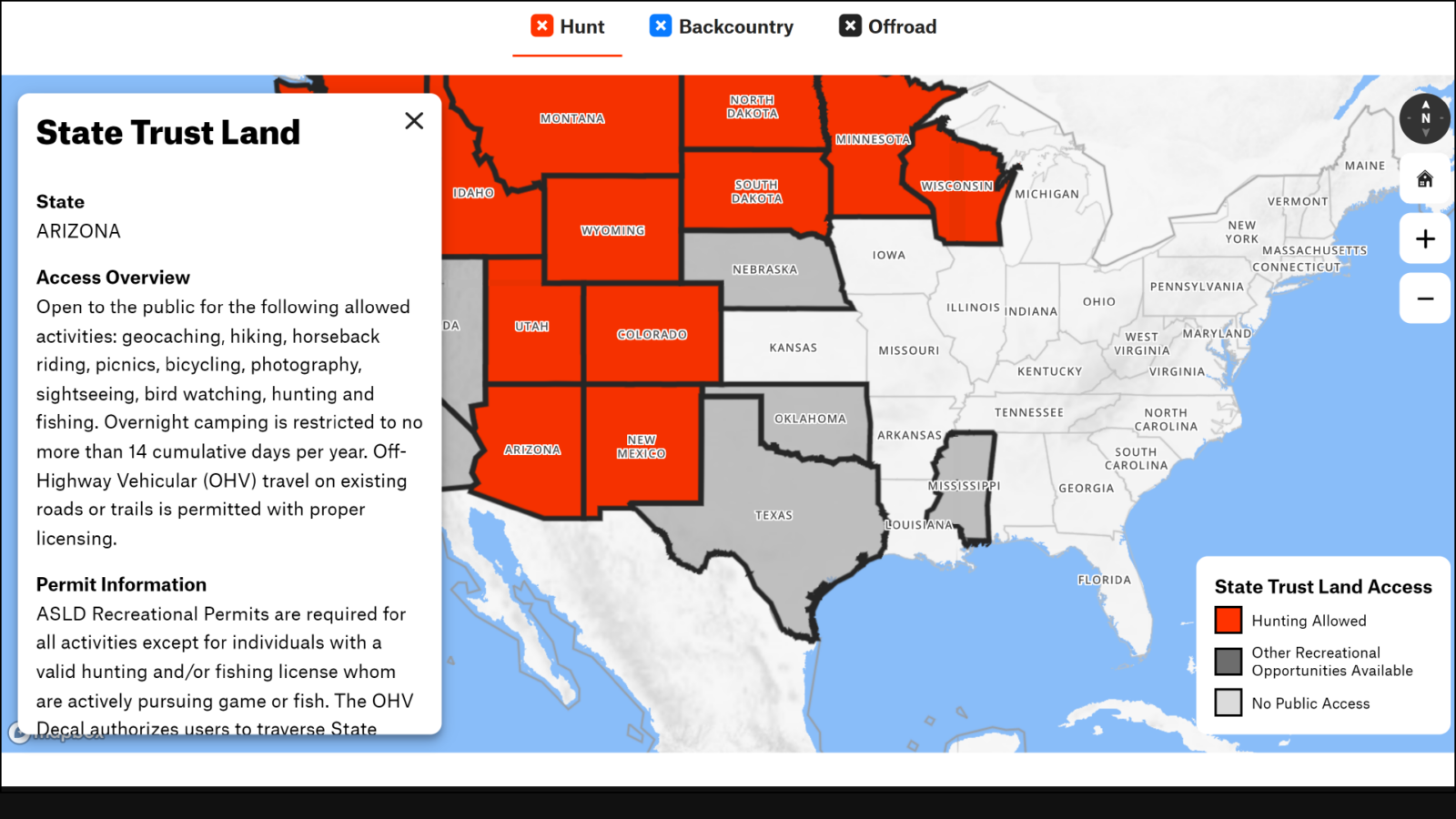 Map of United States with states with state trust land highlighted.