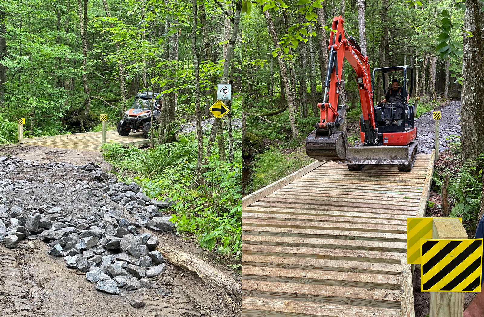 Lakes Region ATV Club doing trail maintenance in their network. Before and after side by side image 
