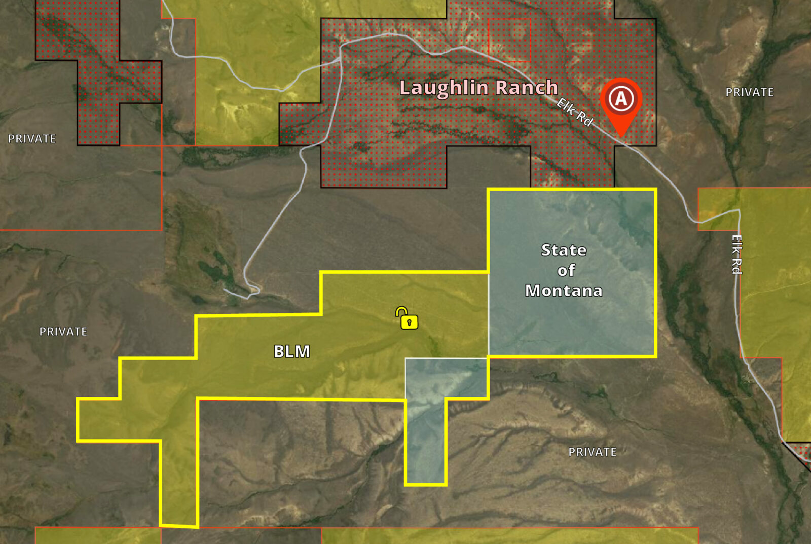 A map showing BLM land and state land that is unlocked during the hunting season by the hypothetical Laughlin Ranch, a private property enrolled with the state program, which has access via Elk Road.