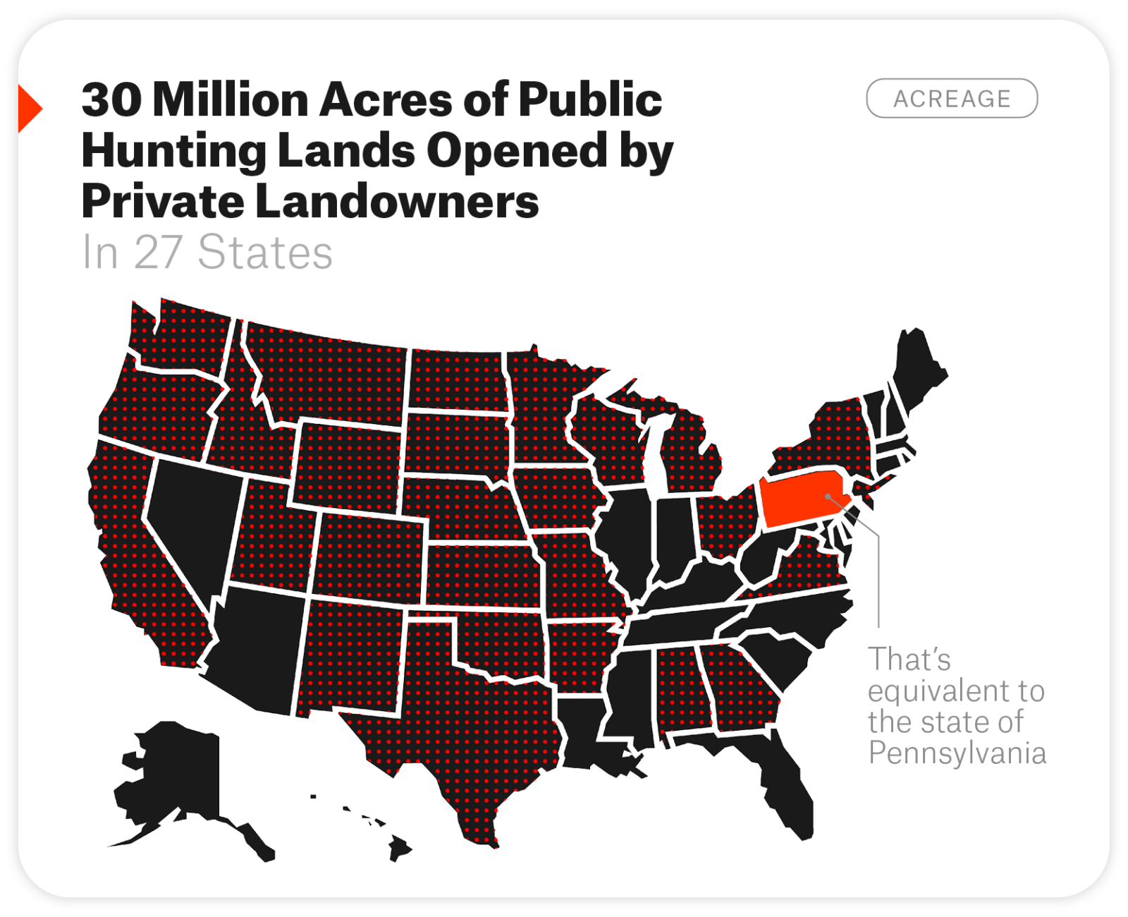 A map of the US with the 27 states highlighted that have public hunting land opened by private landowners.