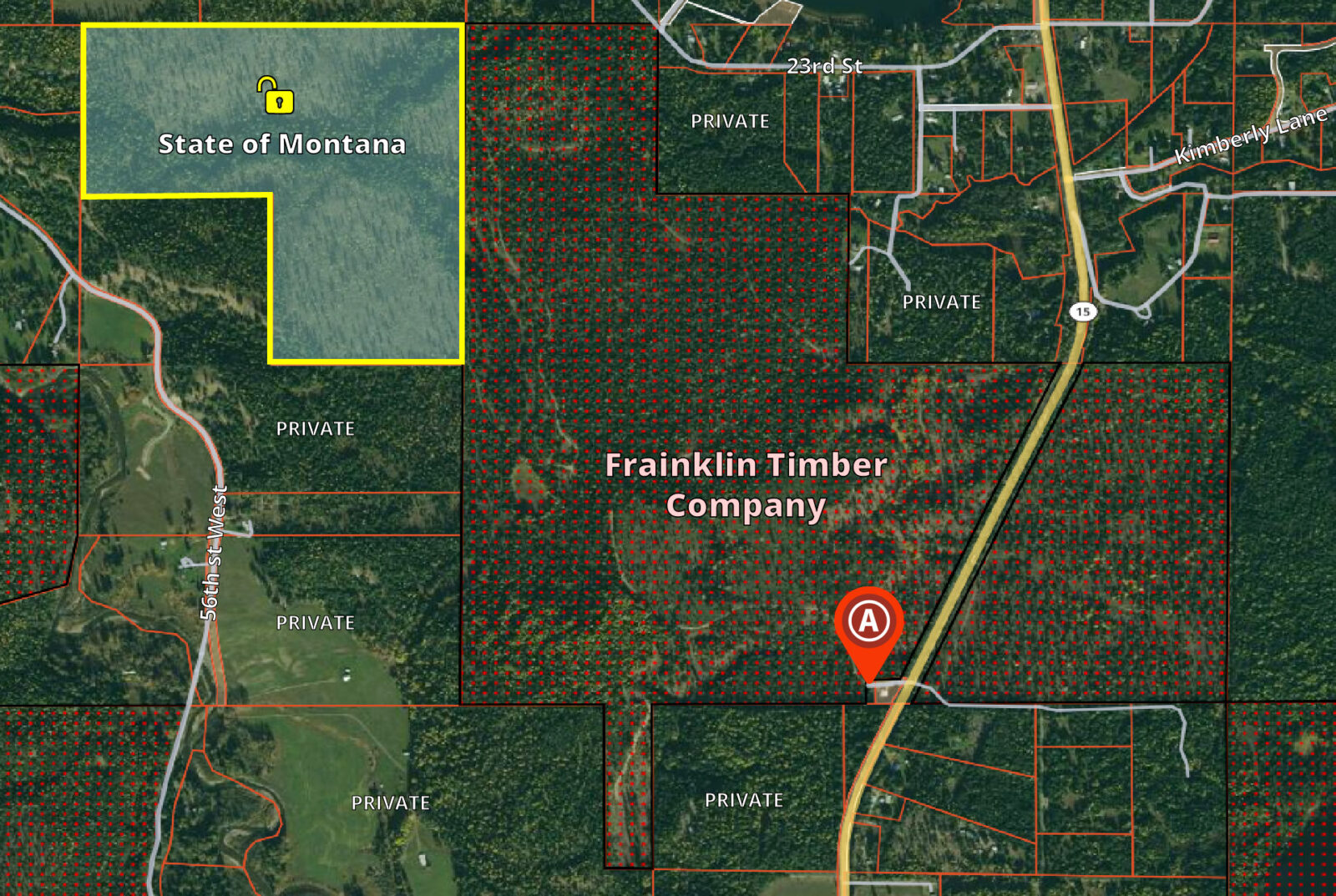 A map showing a specific timber company and how If this timber company land wasn’t enrolled in the state’s private land access program, the state land shown here wouldn’t be accessible at any point of the year. 