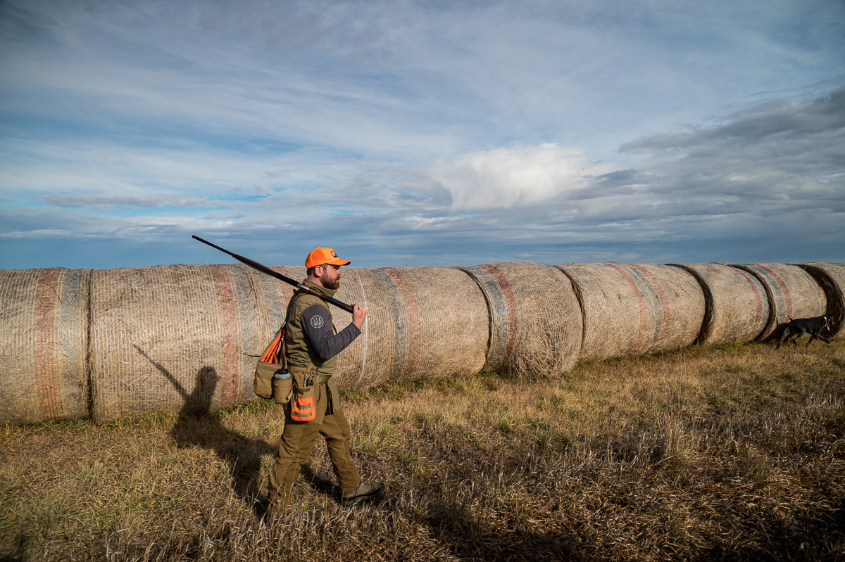 A hunter in camo and hunter orange walking in a field full of bails of hay