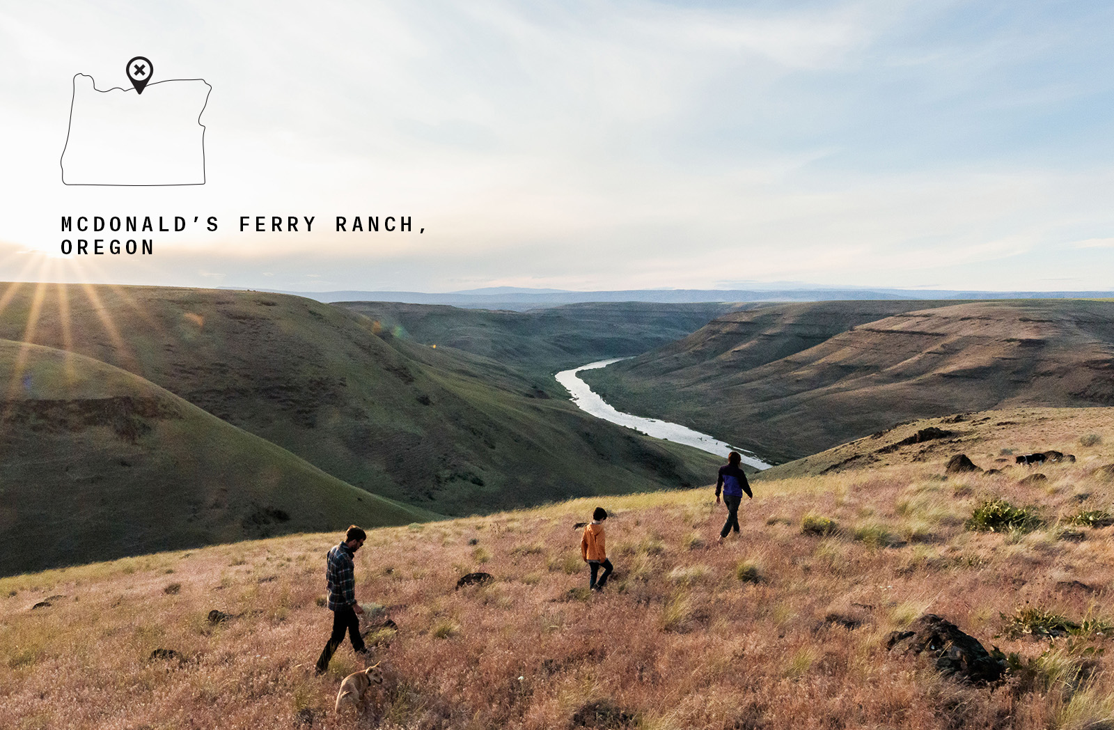 McDonald's Ferry Ranch, Oregon map overlayed on an image of the ranch with a family walking through the land and the river in the foreground 