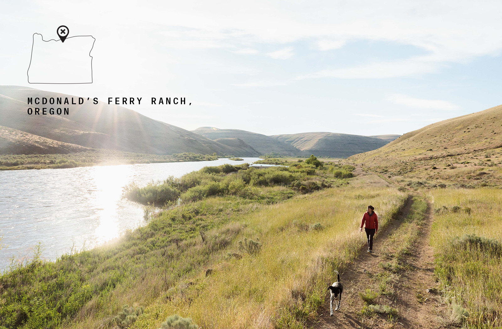 McDonald's Ferry Ranch, Oregon map overlayed on an image of the ranch with a woman and her dog walking next to a river 