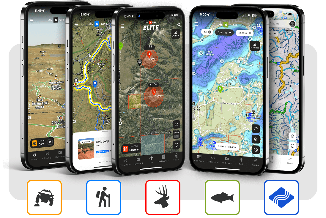 Five mobile shell images of different onX apps.