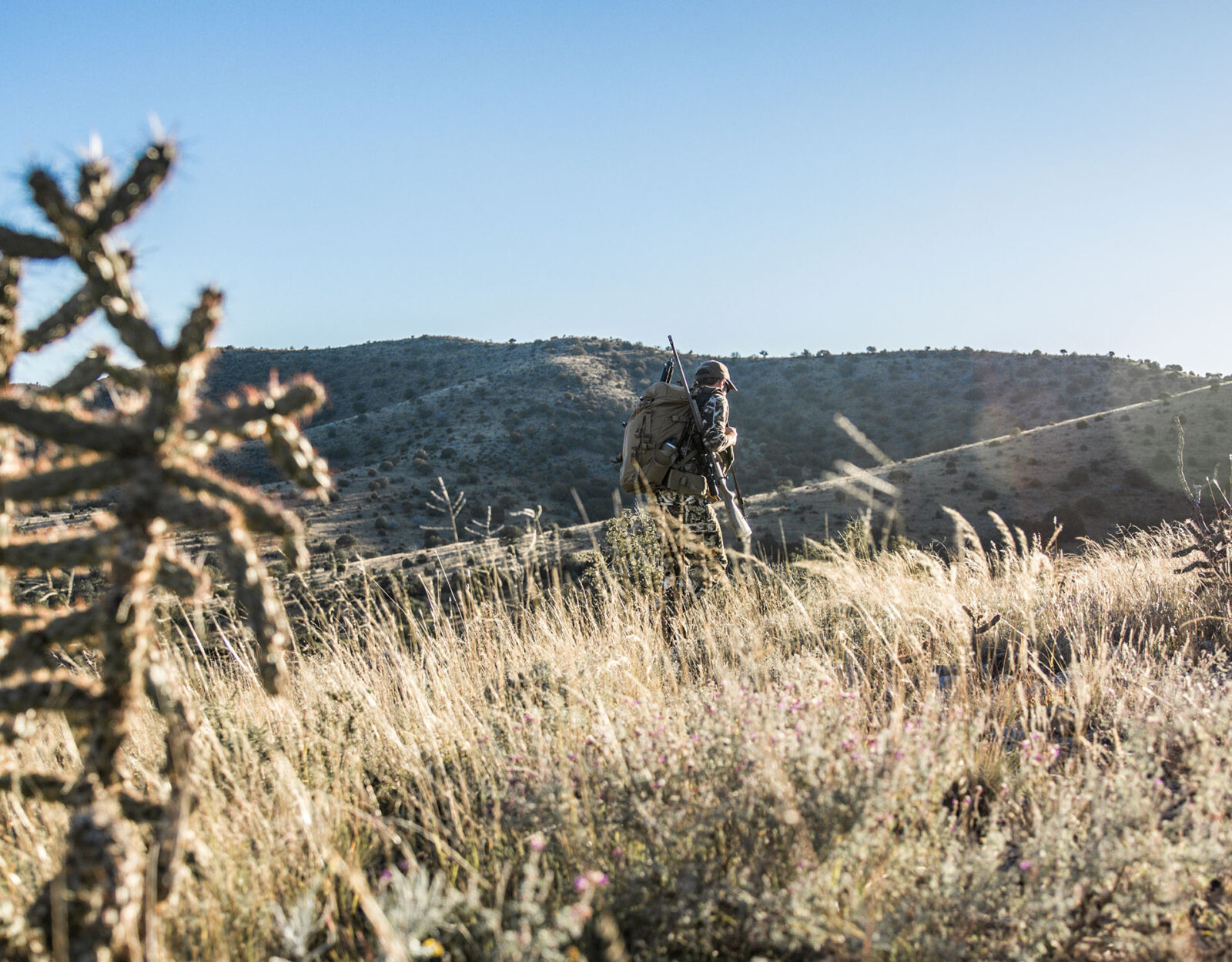 A hunter in camo and wearing a pack carries his rifle up a ridgeline. 