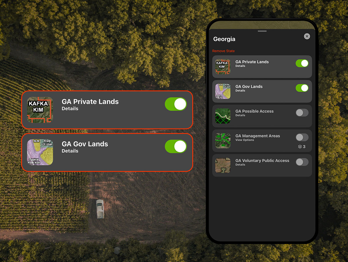 onX Hunt App showing public and private land layers. 